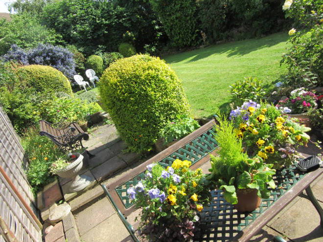zielony ogród i kwiaty na ławce